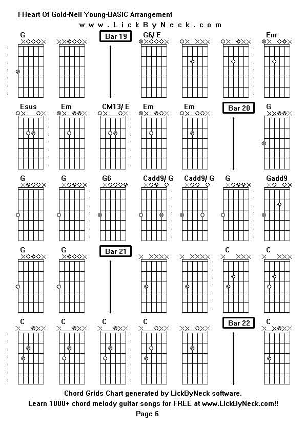 Chord Grids Chart of chord melody fingerstyle guitar song-FHeart Of Gold-Neil Young-BASIC Arrangement,generated by LickByNeck software.